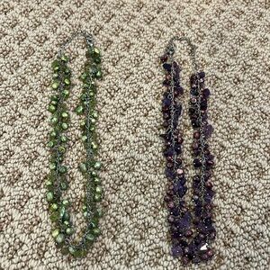 Lot of 2 beaded necklaces- green, purple